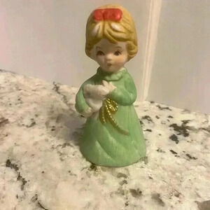 Vintage 1978 Jasco Merri Bells ceramic Girl in green dress holding rabbit